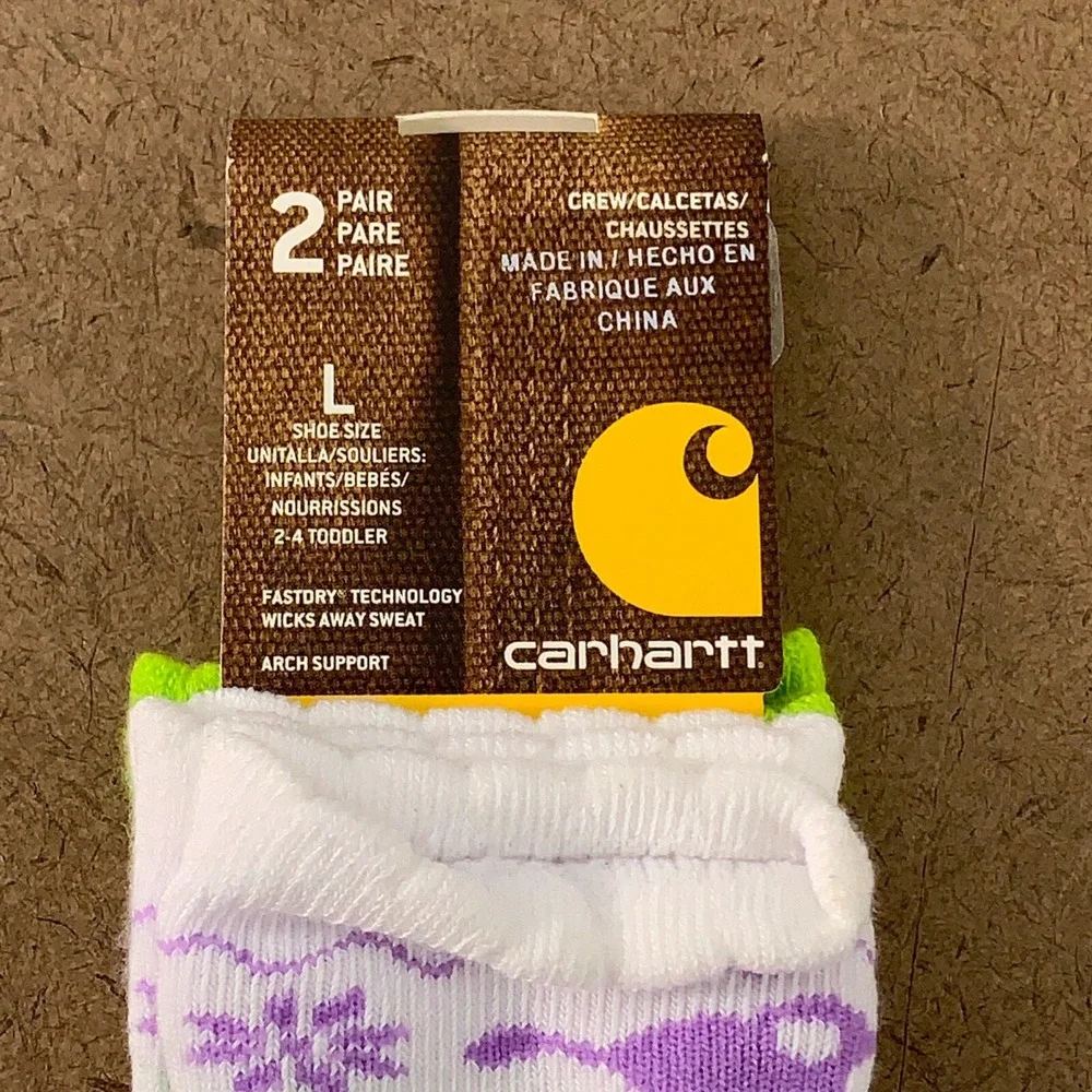 Carhartt Toddler Girls Size Large 2-4 White Graphic 2 Pair Crew Socks NWT